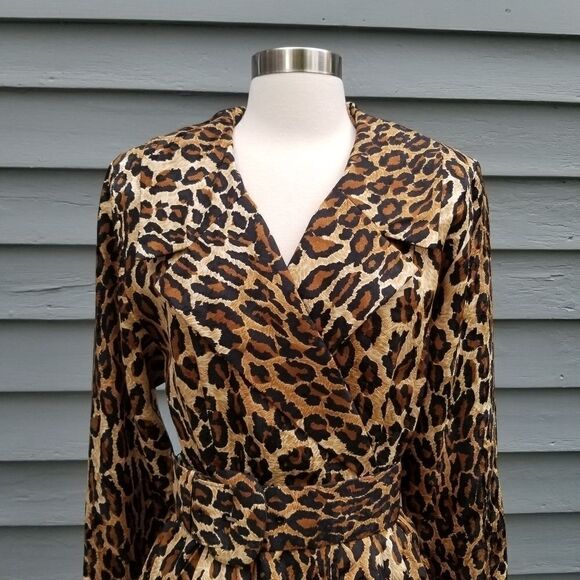 Vintage 80s Retro Pin Up Girl Animal Print Leopard Silk Midi Pencil Dress 4 - Picture 8 of 11